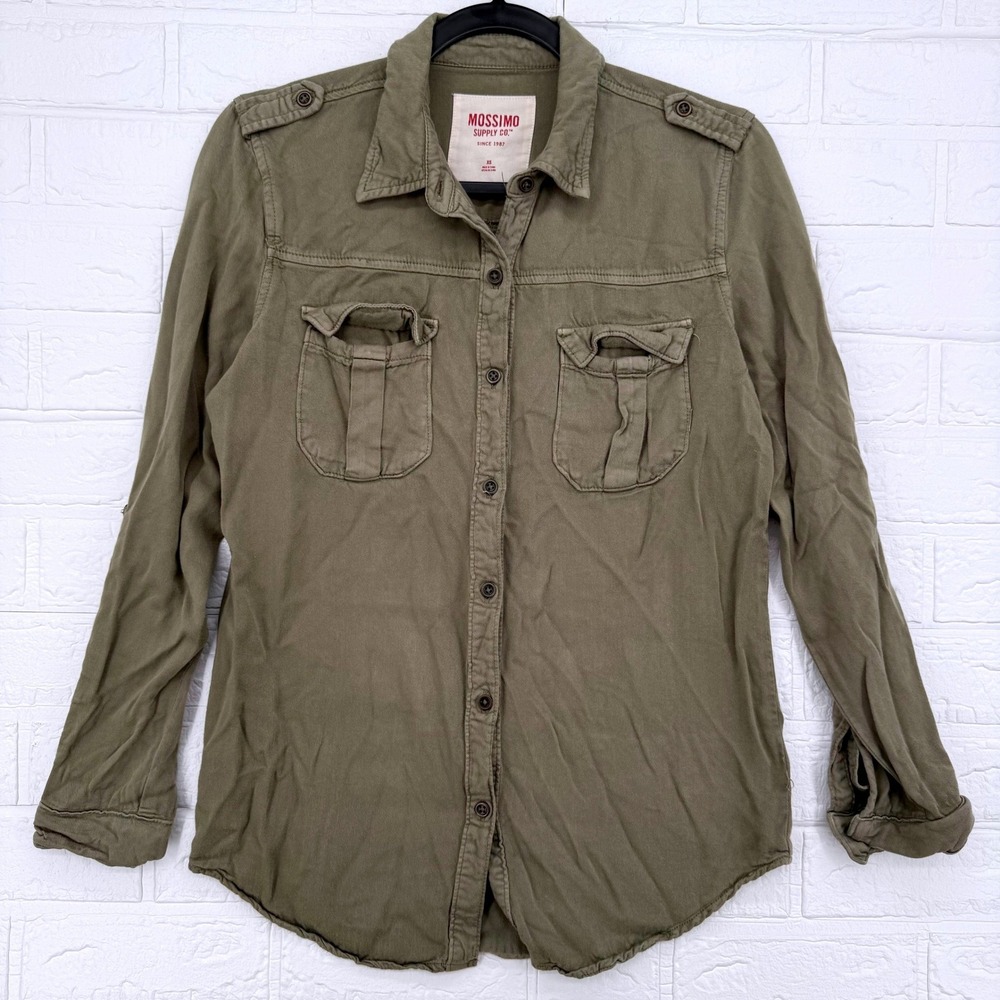 Mossimo Button Down Shirt Womens XS Green Military Utility Cargo Epaulets